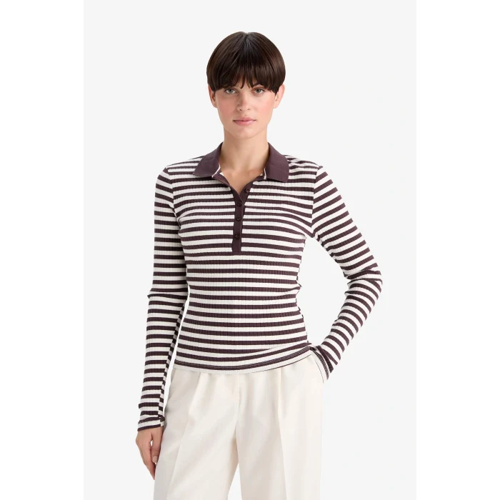 Defacto F7808AXBR232 Bordo Slim Fit Dar Kesim Polo Yaka Çizgili Fitilli Kaşkorse Uzun Kollu Tişört