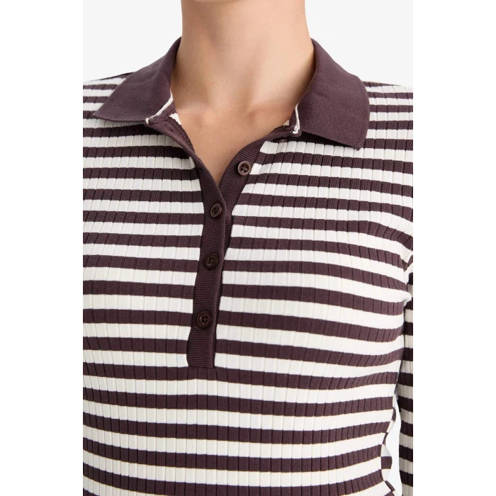 Defacto F7808AXBR232 Bordo Slim Fit Dar Kesim Polo Yaka Çizgili Fitilli Kaşkorse Uzun Kollu Tişört