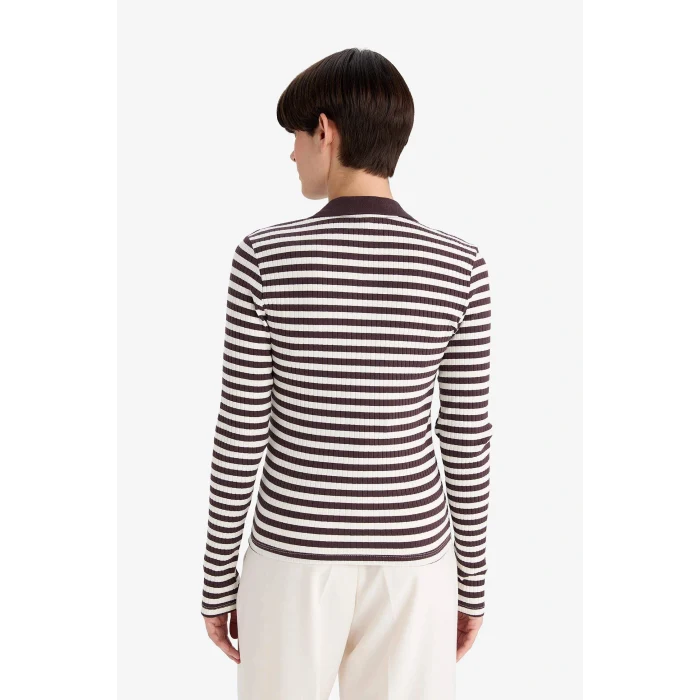Defacto F7808AXBR232 Bordo Slim Fit Dar Kesim Polo Yaka Çizgili Fitilli Kaşkorse Uzun Kollu Tişört