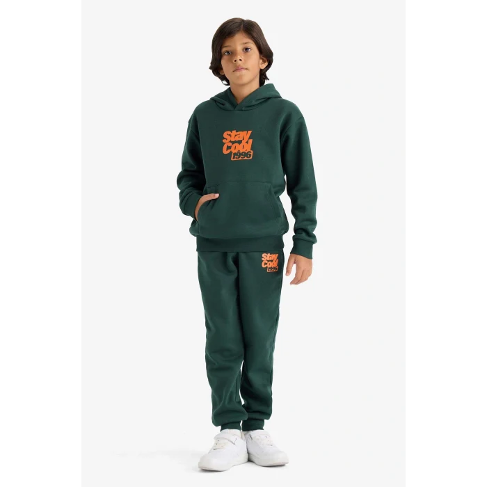 Defacto E9596A8GN245 Yeşil Erkek Çocuk Kapüşonlu Baskılı İçi Yumuşak Tüylü Sweatshirt