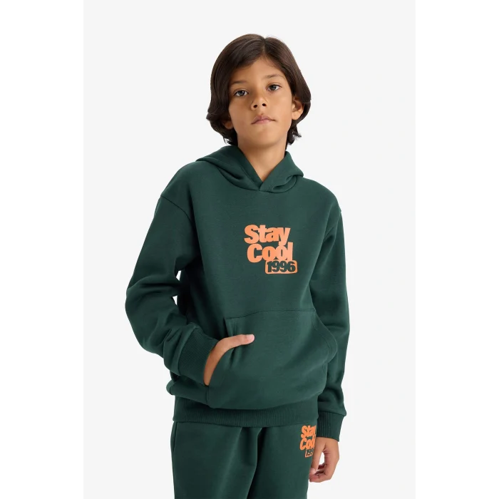 Defacto E9596A8GN245 Yeşil Erkek Çocuk Kapüşonlu Baskılı İçi Yumuşak Tüylü Sweatshirt