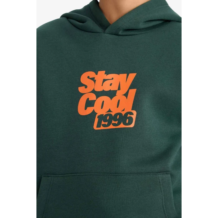 Defacto E9596A8GN245 Yeşil Erkek Çocuk Kapüşonlu Baskılı İçi Yumuşak Tüylü Sweatshirt