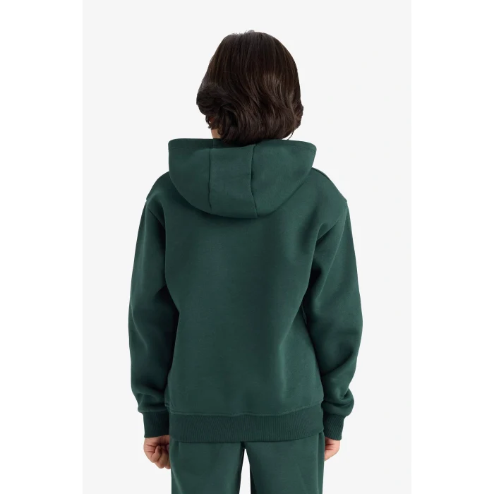 Defacto E9596A8GN245 Yeşil Erkek Çocuk Kapüşonlu Baskılı İçi Yumuşak Tüylü Sweatshirt