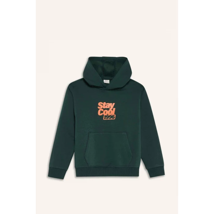 Defacto E9596A8GN245 Yeşil Erkek Çocuk Kapüşonlu Baskılı İçi Yumuşak Tüylü Sweatshirt