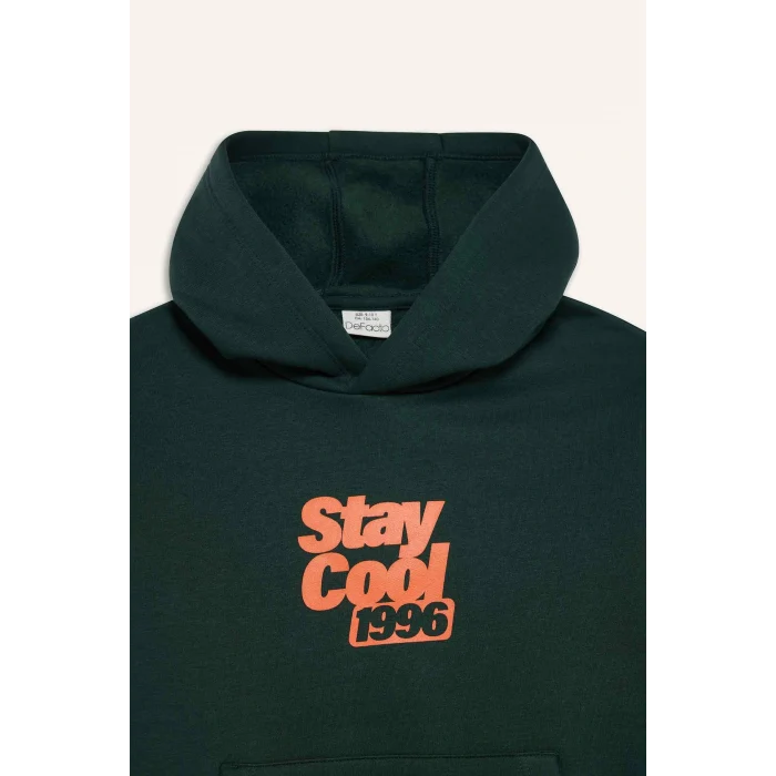 Defacto E9596A8GN245 Yeşil Erkek Çocuk Kapüşonlu Baskılı İçi Yumuşak Tüylü Sweatshirt