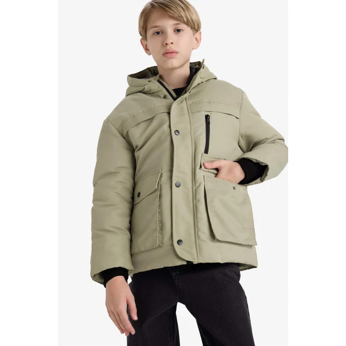 Defacto E9048A8KH271 Haki Erkek Çocuk Su Geçirmez Kapüşonlu Fermuarlı Çıtçıtlı Mont