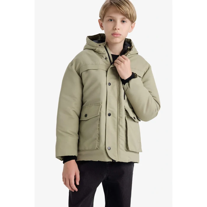 Defacto E9048A8KH271 Haki Erkek Çocuk Su Geçirmez Kapüşonlu Fermuarlı Çıtçıtlı Mont