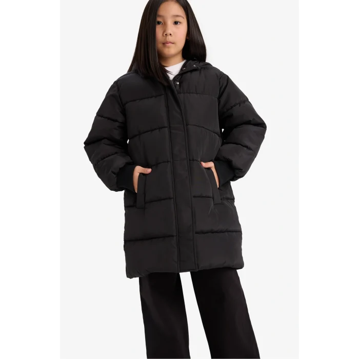 Defacto E7031A8BK27 Siyah Kız Çocuk Su Geçirmez Kapüşonlu Fermuarlı Parka