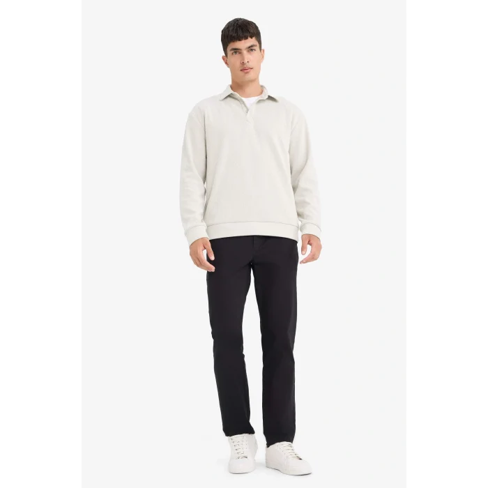 Defacto E9410AXBG672 Bej Regular Fit Polo Yaka Yarım Fermuarlı Fitilli Kadife Sweatshirt