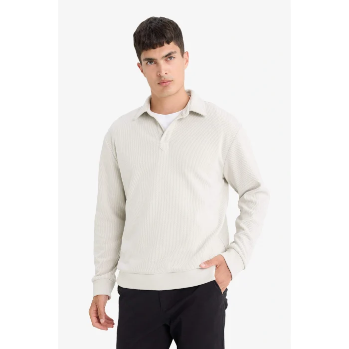 Defacto E9410AXBG672 Bej Regular Fit Polo Yaka Yarım Fermuarlı Fitilli Kadife Sweatshirt