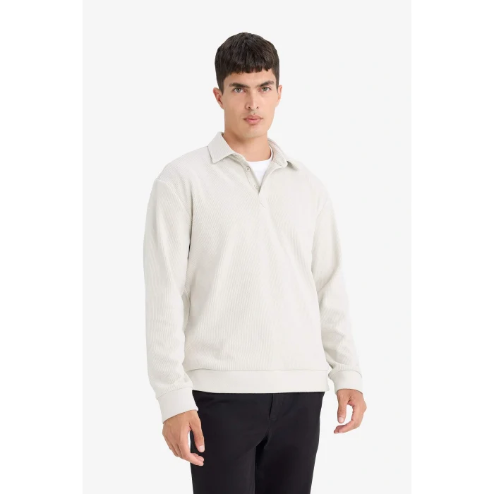 Defacto E9410AXBG672 Bej Regular Fit Polo Yaka Yarım Fermuarlı Fitilli Kadife Sweatshirt