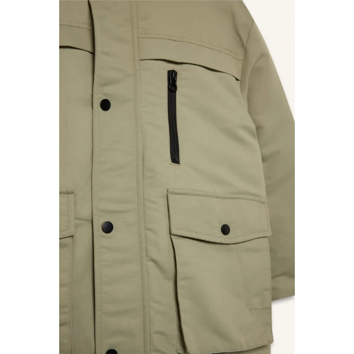 Defacto E9048A8KH271 Haki Erkek Çocuk Su Geçirmez Kapüşonlu Fermuarlı Çıtçıtlı Mont