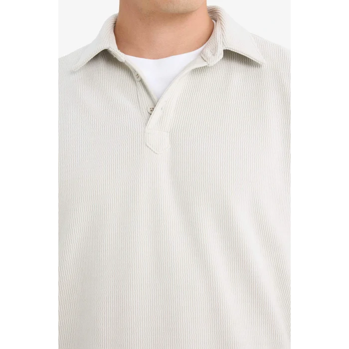 Defacto E9410AXBG672 Bej Regular Fit Polo Yaka Yarım Fermuarlı Fitilli Kadife Sweatshirt