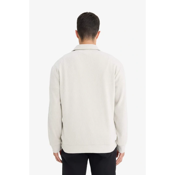 Defacto E9410AXBG672 Bej Regular Fit Polo Yaka Yarım Fermuarlı Fitilli Kadife Sweatshirt