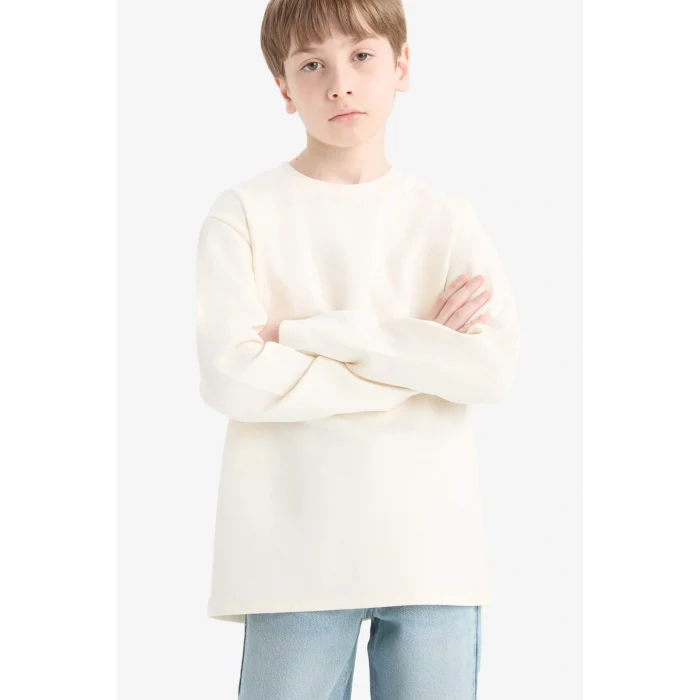 Defacto E9661A8ER118 Ekru Erkek Çocuk Bisiklet Yaka Basic Düz Uzun Kollu Okul Tişörtü
