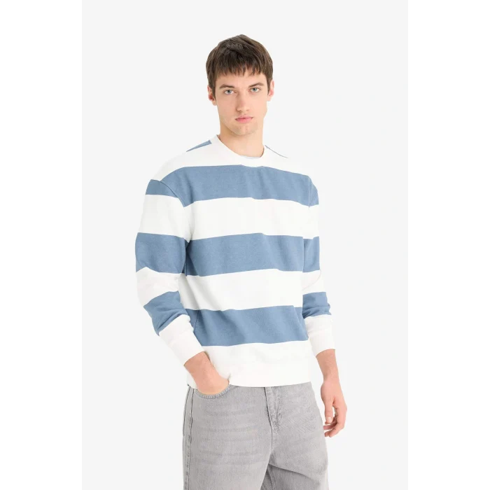 Defacto A9066AXGR171 Gri Boxy Fit Bisiklet Yaka Çizgili Sweatshirt