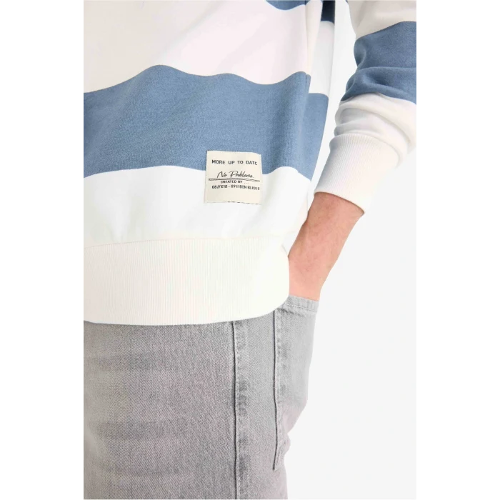 Defacto A9066AXGR171 Gri Boxy Fit Bisiklet Yaka Çizgili Sweatshirt