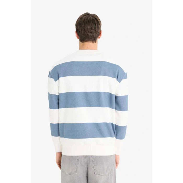 Defacto A9066AXGR171 Gri Boxy Fit Bisiklet Yaka Çizgili Sweatshirt