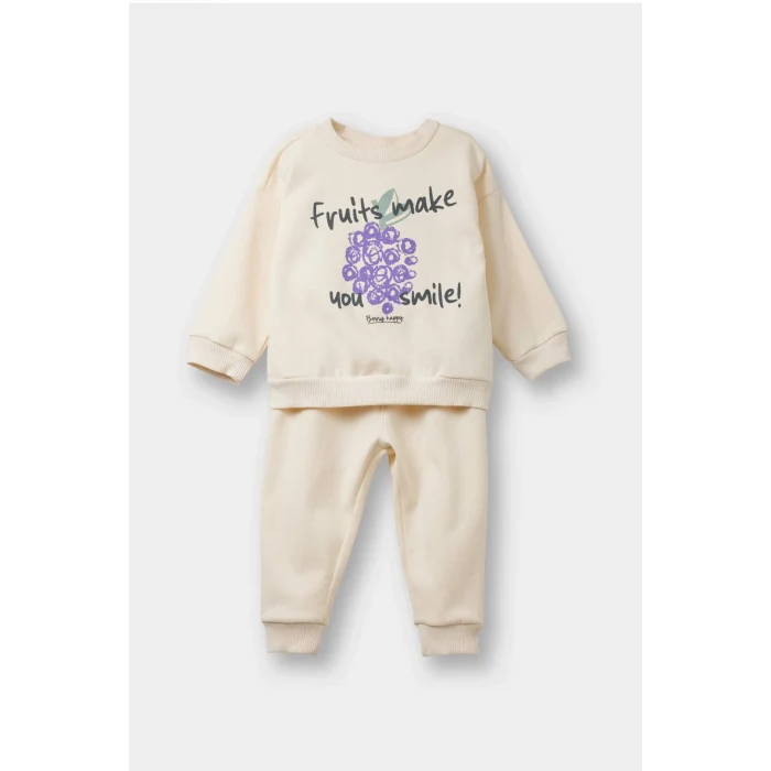 Defacto F0559A5ER42 Ekru Kız Bebek 2li Takım İçi Yumuşak Tüylü Baskılı Sweatshirt Eşofman Altı