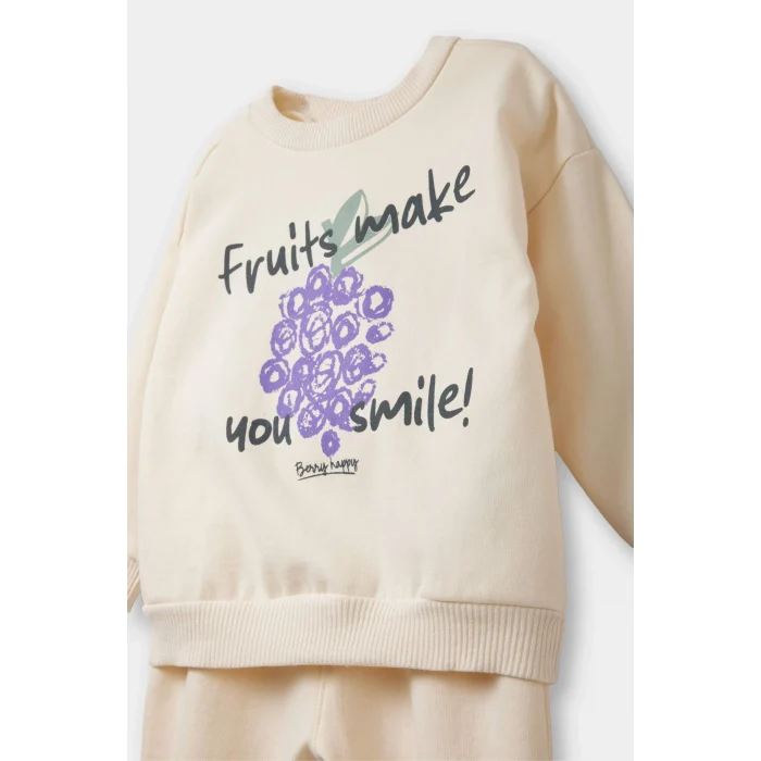 Defacto F0559A5ER42 Ekru Kız Bebek 2li Takım İçi Yumuşak Tüylü Baskılı Sweatshirt Eşofman Altı