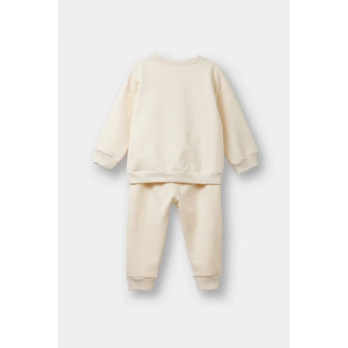Defacto F0559A5ER42 Ekru Kız Bebek 2li Takım İçi Yumuşak Tüylü Baskılı Sweatshirt Eşofman Altı