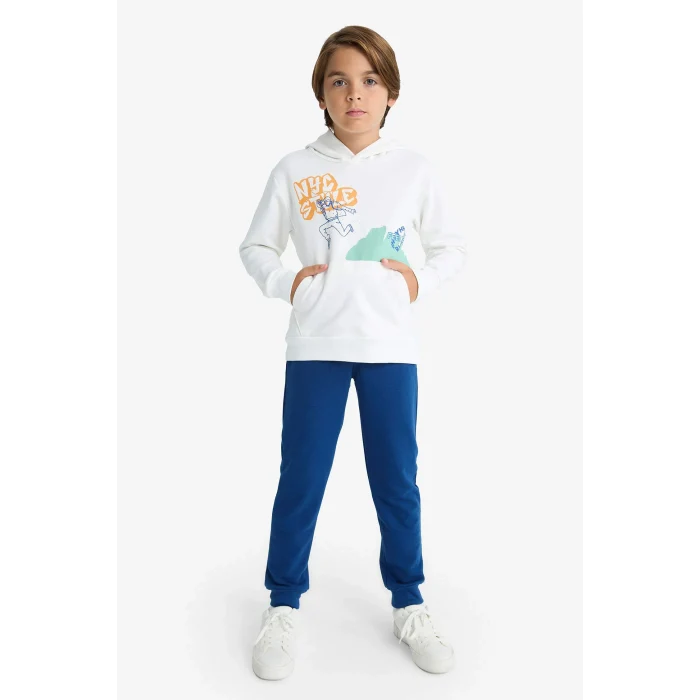 Defacto F2595A8WT32 Beyaz Erkek Çocuk 2li Takım Baskılı Kapüşonlu Sweatshirt Eşofman Altı