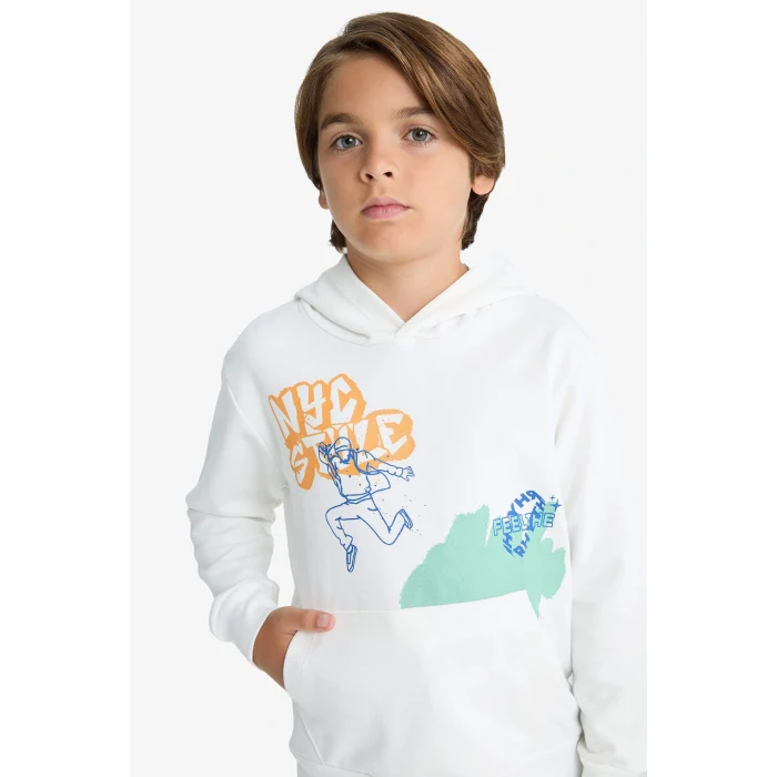 Defacto F2595A8WT32 Beyaz Erkek Çocuk 2li Takım Baskılı Kapüşonlu Sweatshirt Eşofman Altı