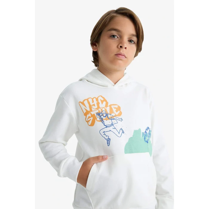 Defacto F2595A8WT32 Beyaz Erkek Çocuk 2li Takım Baskılı Kapüşonlu Sweatshirt Eşofman Altı