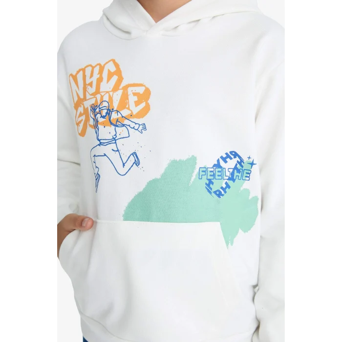 Defacto F2595A8WT32 Beyaz Erkek Çocuk 2li Takım Baskılı Kapüşonlu Sweatshirt Eşofman Altı