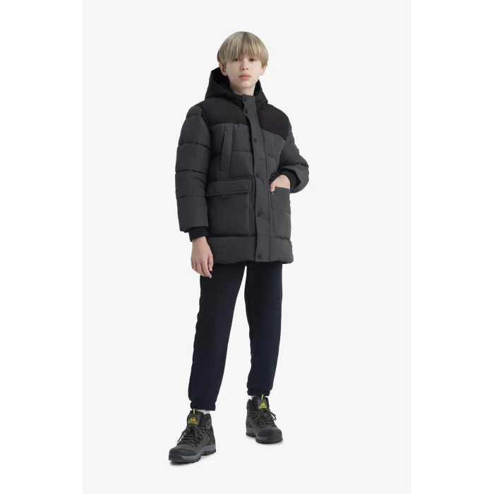 Defacto E9373A8AR15 Antrasit Erkek Çocuk Su Geçirmez Kapüşonlu Polar Astarlı Parka