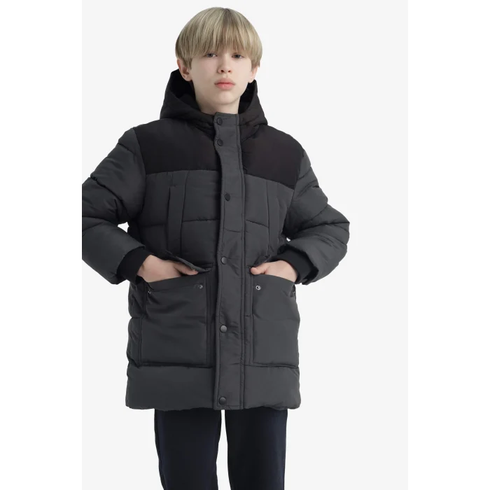 Defacto E9373A8AR15 Antrasit Erkek Çocuk Su Geçirmez Kapüşonlu Polar Astarlı Parka
