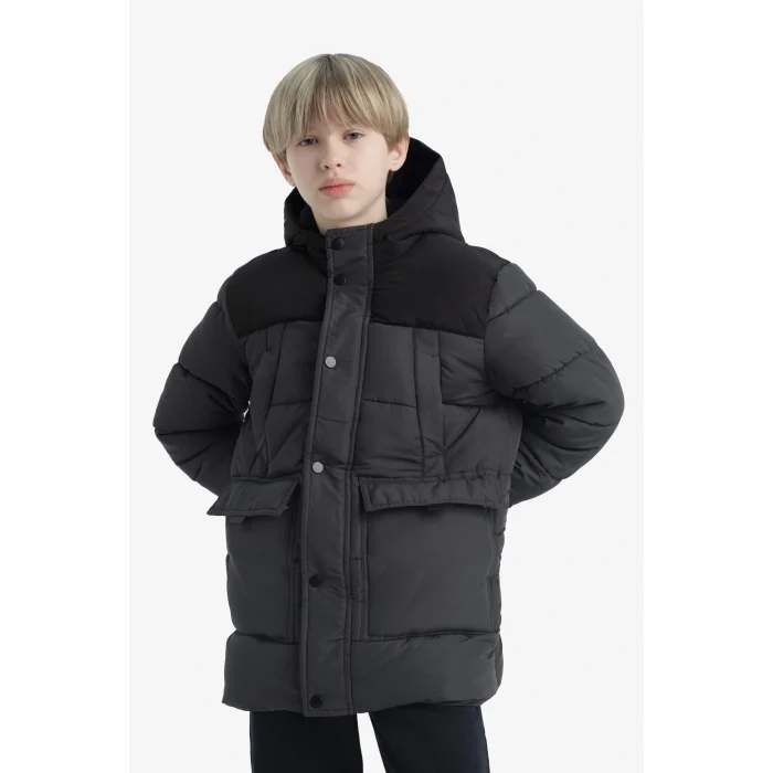 Defacto E9373A8AR15 Antrasit Erkek Çocuk Su Geçirmez Kapüşonlu Polar Astarlı Parka
