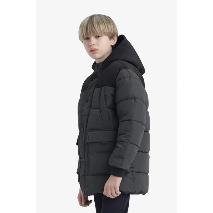 Defacto E9373A8AR15 Antrasit Erkek Çocuk Su Geçirmez Kapüşonlu Polar Astarlı Parka