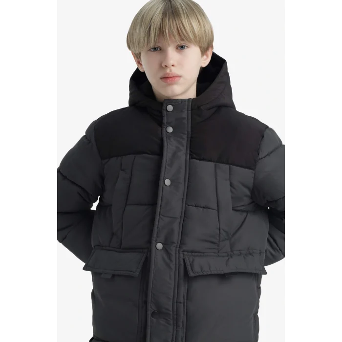 Defacto E9373A8AR15 Antrasit Erkek Çocuk Su Geçirmez Kapüşonlu Polar Astarlı Parka