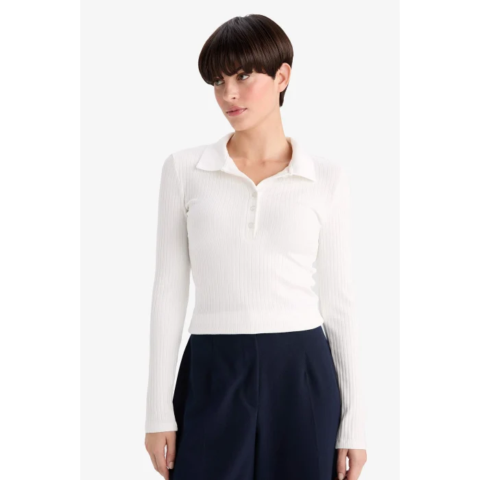 Defacto G1579AXER105 Ekru Slim Fit Dar Kesim Polo Yaka Basic Düz Fitilli Kaşkorse Uzun Kollu Tişört