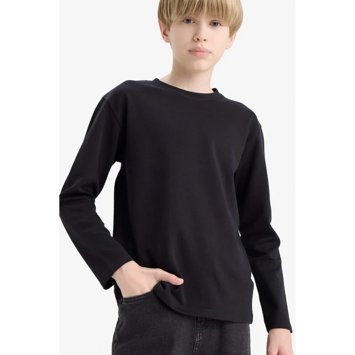 Defacto E9661A8NV86 Lacivert Erkek Çocuk Bisiklet Yaka Basic Düz Uzun Kollu Okul Tişörtü