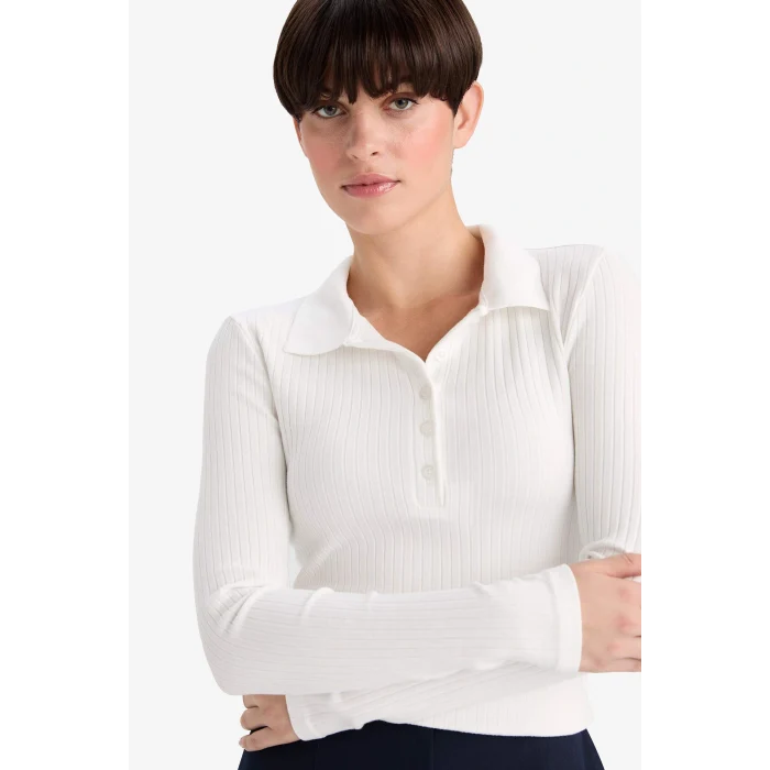 Defacto G1579AXER105 Ekru Slim Fit Dar Kesim Polo Yaka Basic Düz Fitilli Kaşkorse Uzun Kollu Tişört