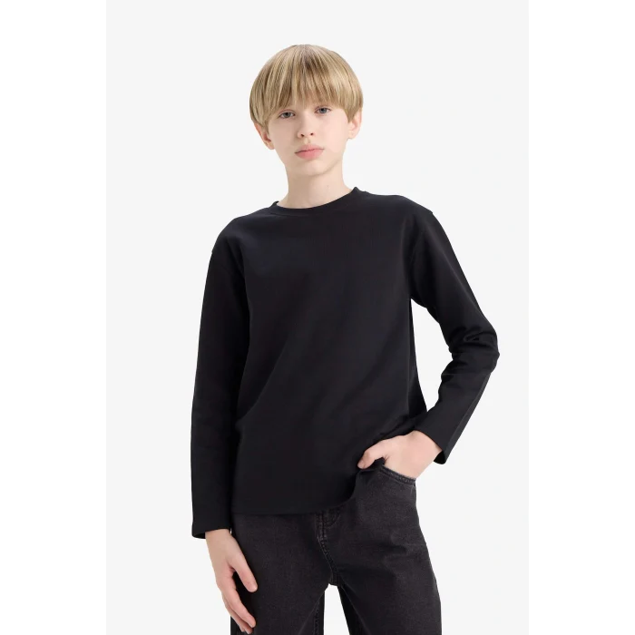 Defacto E9661A8NV86 Lacivert Erkek Çocuk Bisiklet Yaka Basic Düz Uzun Kollu Okul Tişörtü