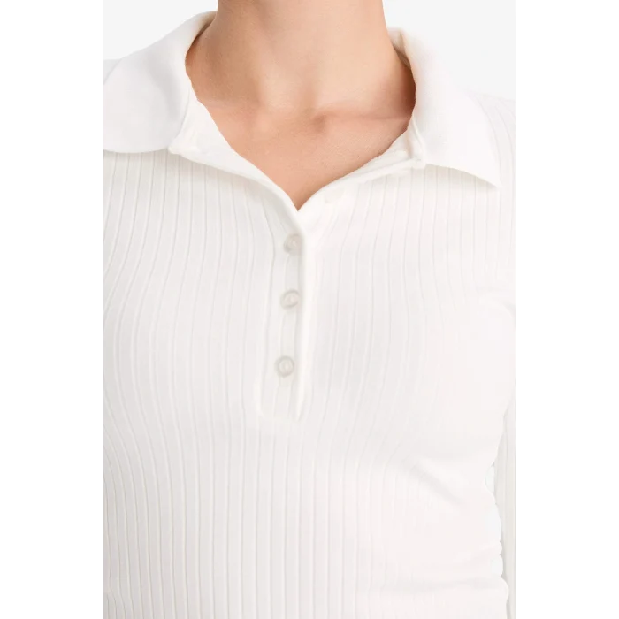 Defacto G1579AXER105 Ekru Slim Fit Dar Kesim Polo Yaka Basic Düz Fitilli Kaşkorse Uzun Kollu Tişört