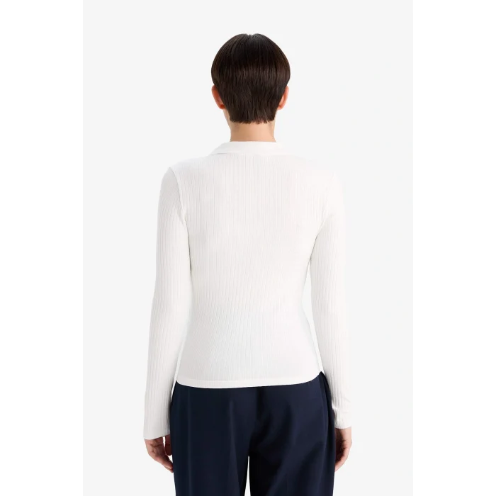 Defacto G1579AXER105 Ekru Slim Fit Dar Kesim Polo Yaka Basic Düz Fitilli Kaşkorse Uzun Kollu Tişört