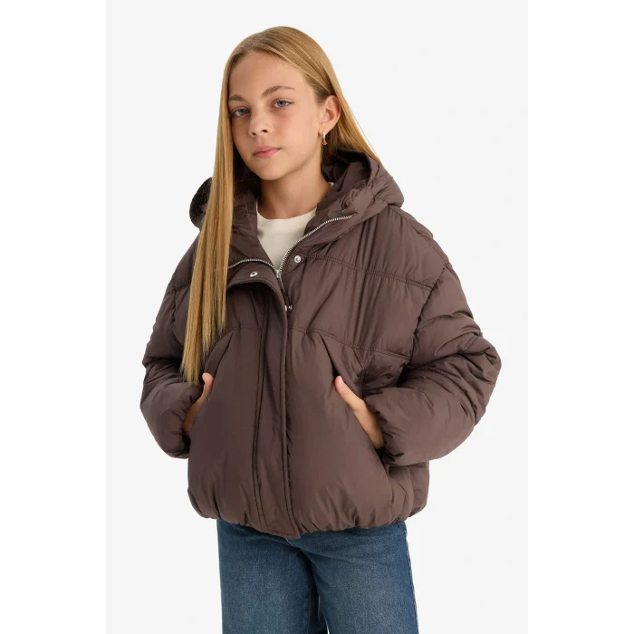 Defacto E9980A8BN130 Kahve Kız Çocuk Su Geçirmez Kapüşonlu Fermuarlı Mont