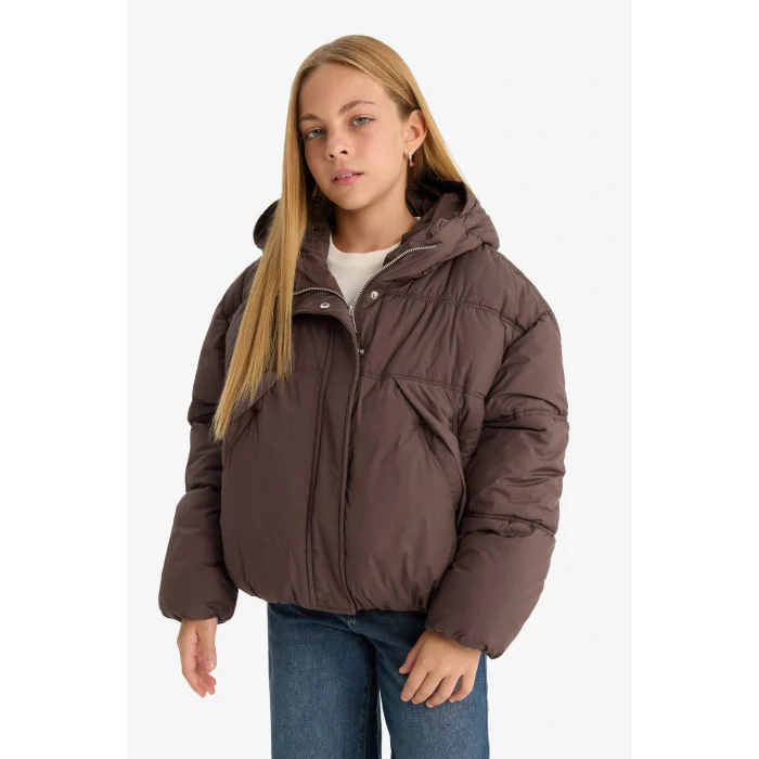 Defacto E9980A8BN130 Kahve Kız Çocuk Su Geçirmez Kapüşonlu Fermuarlı Mont