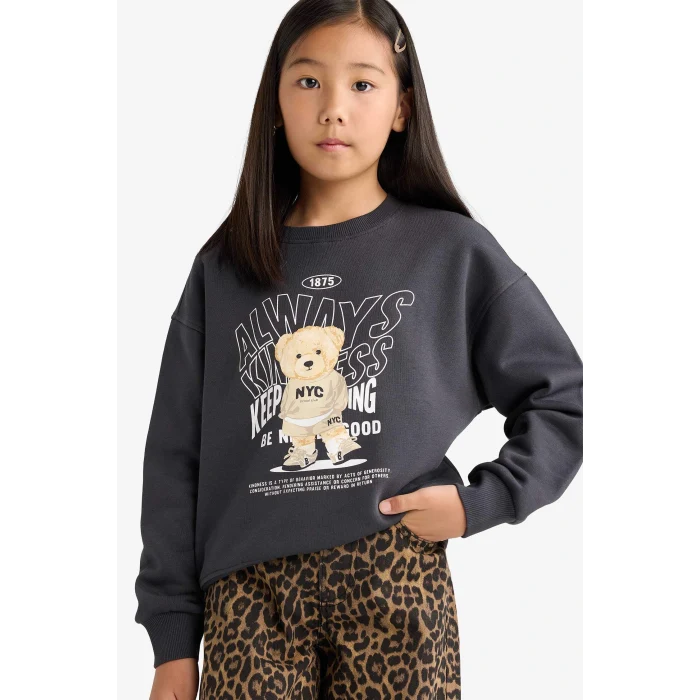 Defacto E6780A8AR138 Antrasit Kız Çocuk Relax Fit Bisiklet Yaka Baskılı İçi Yumuşak Tüylü Sweatshirt