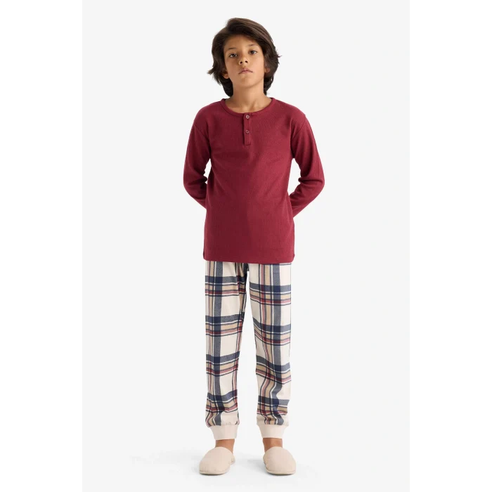 Defacto F1895A8BR281 Bordo Erkek Çocuk Pijama Takımı Waffle Uzun Kollu Üst Kareli Uzun Alt