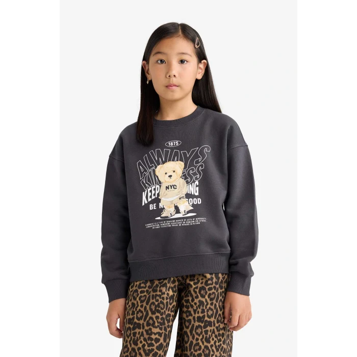 Defacto E6780A8AR138 Antrasit Kız Çocuk Relax Fit Bisiklet Yaka Baskılı İçi Yumuşak Tüylü Sweatshirt