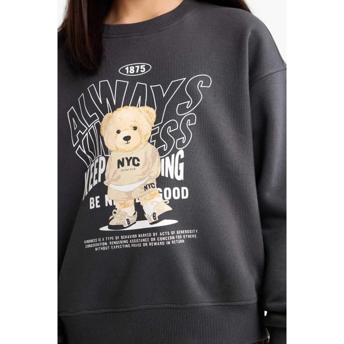 Defacto E6780A8AR138 Antrasit Kız Çocuk Relax Fit Bisiklet Yaka Baskılı İçi Yumuşak Tüylü Sweatshirt