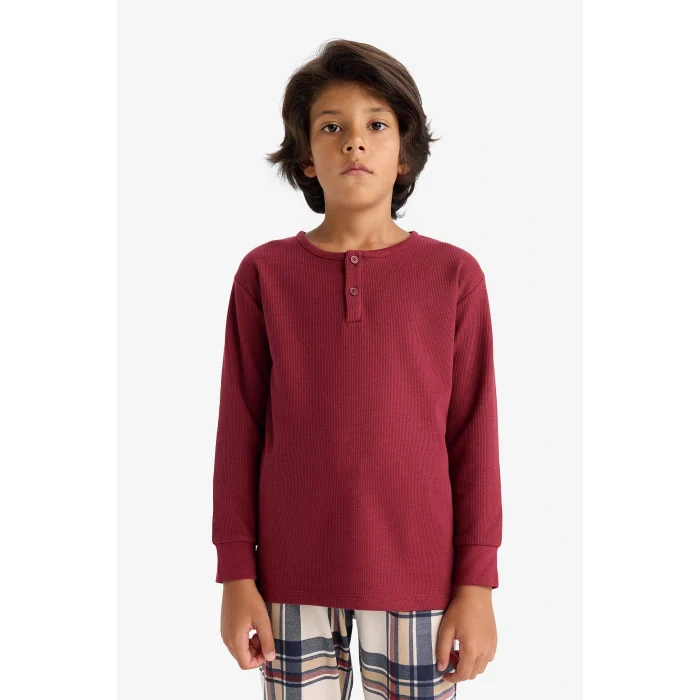 Defacto F1895A8BR281 Bordo Erkek Çocuk Pijama Takımı Waffle Uzun Kollu Üst Kareli Uzun Alt