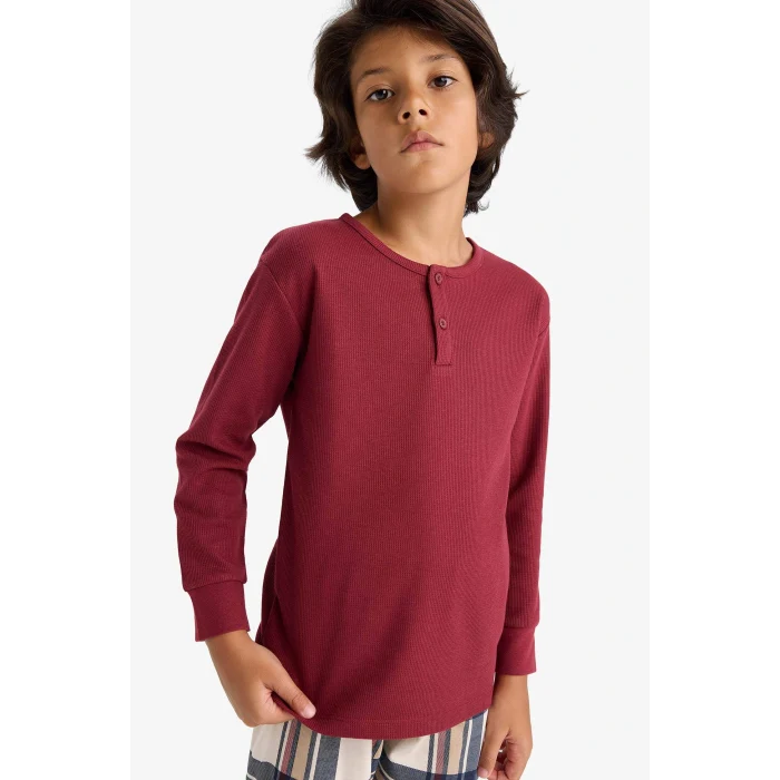 Defacto F1895A8BR281 Bordo Erkek Çocuk Pijama Takımı Waffle Uzun Kollu Üst Kareli Uzun Alt