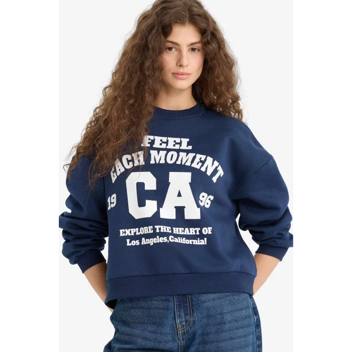 Defacto E8746 Lacivert Regular Fit Bisiklet Yaka Baskılı Sweatshirt