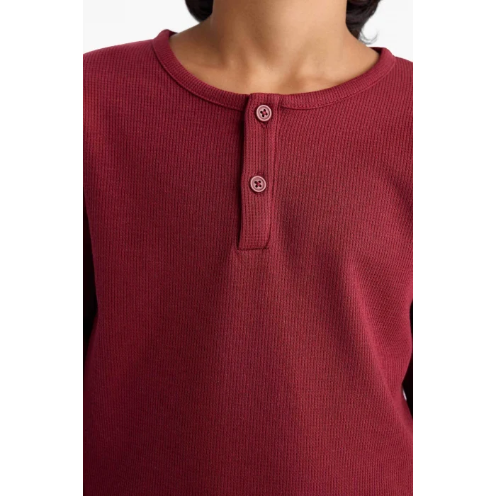 Defacto F1895A8BR281 Bordo Erkek Çocuk Pijama Takımı Waffle Uzun Kollu Üst Kareli Uzun Alt